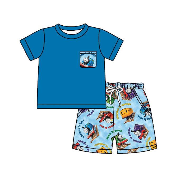(Custom Design Preorder MOQ 5) Blue Pocket Top Cartoon Train Shorts Boys Summer Clothes Set