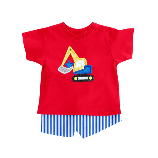 (Custom Design Preorder MOQ 5) Red Construction Star Top Blue Stripes Shorts Boys 4th of July Clothes Set