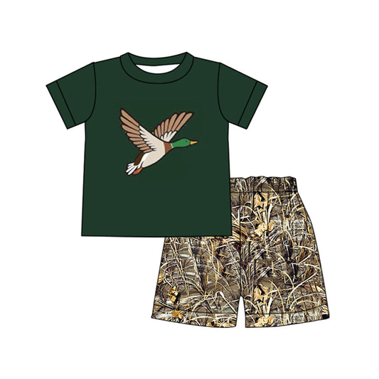 (Custom Design Preorder MOQ 5) Duck Green Top Branch Shorts Boys Summer Clothes Set