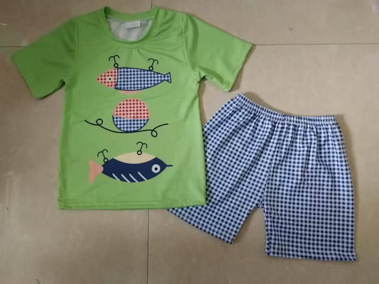 (Custom Design Preorder MOQ 5) Fishing Top Plaid Shorts Boys Summer Clothes Set