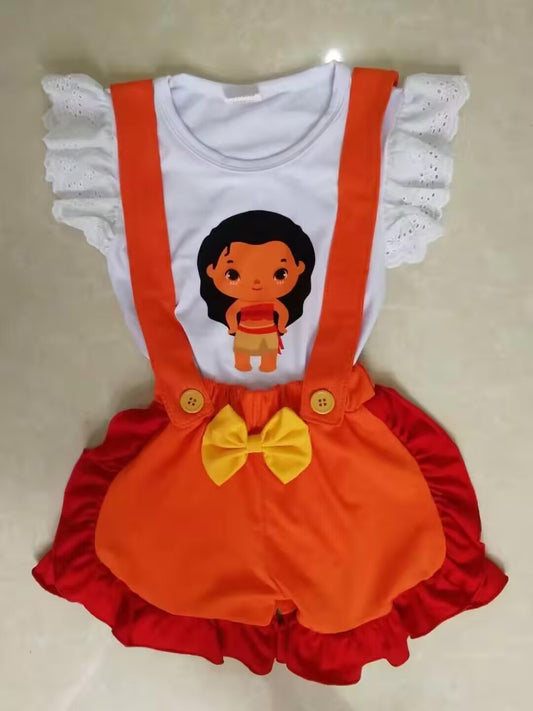 (Custom Design Preorder MOQ 5) Princess Suspender Orange Shorts Girls Summer Clothes Set