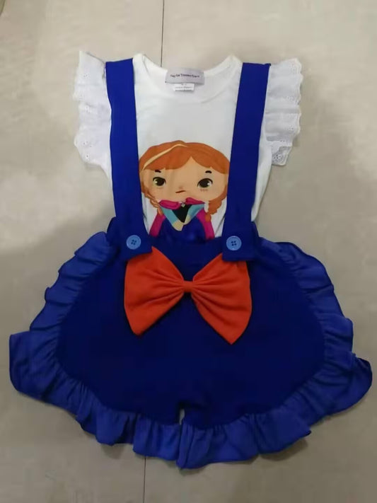 (Custom Design Preorder MOQ 5) Princess Suspender Blue Shorts Girls Summer Clothes Set