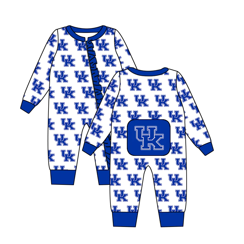 (Custom Design Preorder MOQ 5) Blue White UK Football Team's Print Baby Girls Zipper Romper