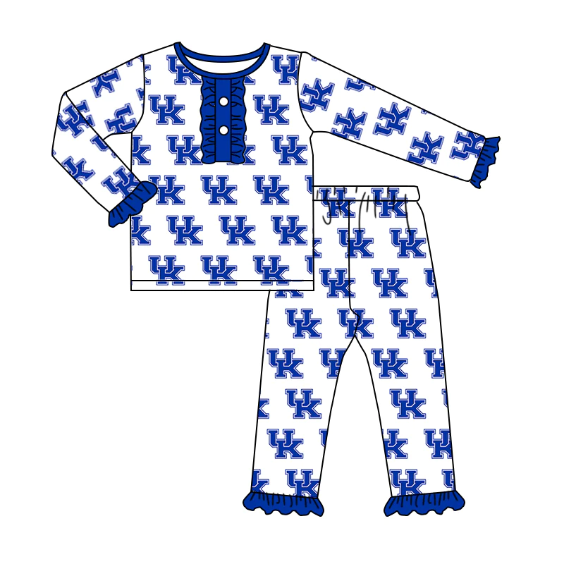 (Custom Design Preorder MOQ 5) Blue White UK Football Team's Print Girls Pajamas Clothes Sets