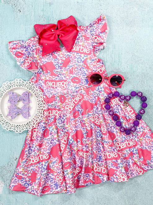 (Custom Design Preorder MOQ 5) Pink BA Leopard Print Girls Summer Knee Length Dress