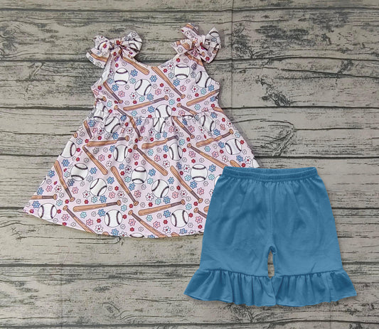 (Custom Design Preorder MOQ 5) Baseball Flowers Top Blue Shorts Girls Summer Clothes Set