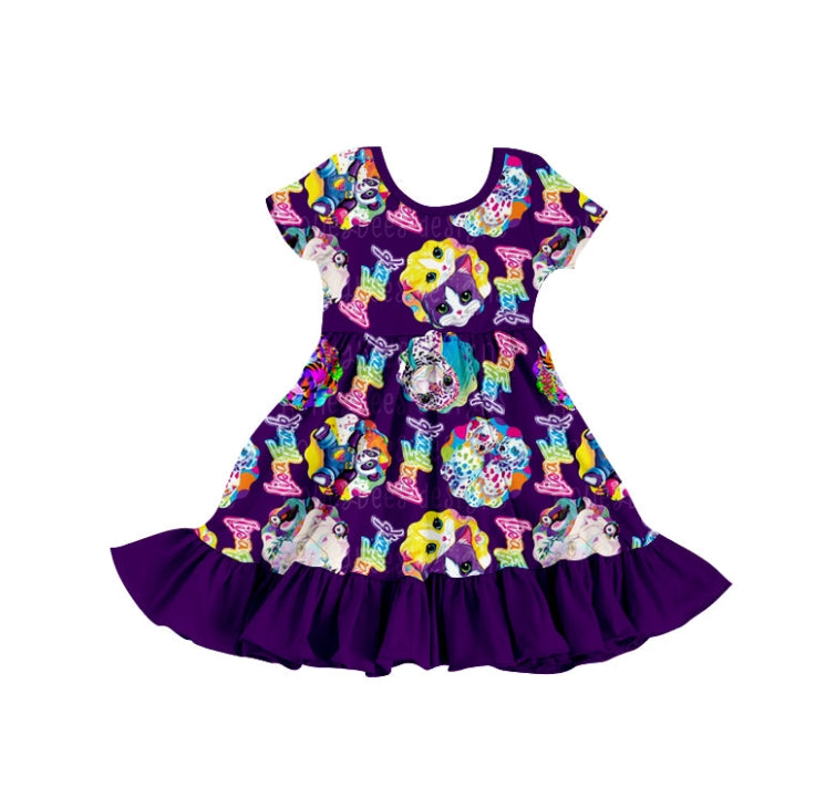 (Custom Design Preorder MOQ 5) Cartoon Animals Purple Print Girls Summer Knee Length Dress