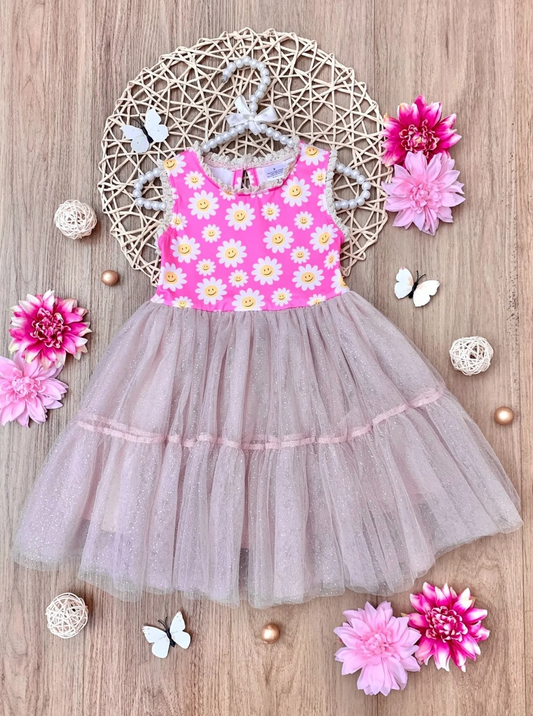 (Custom Design Preorder MOQ 5) Pink Flowers Print Girls Summer Knee Length Tulle Dress
