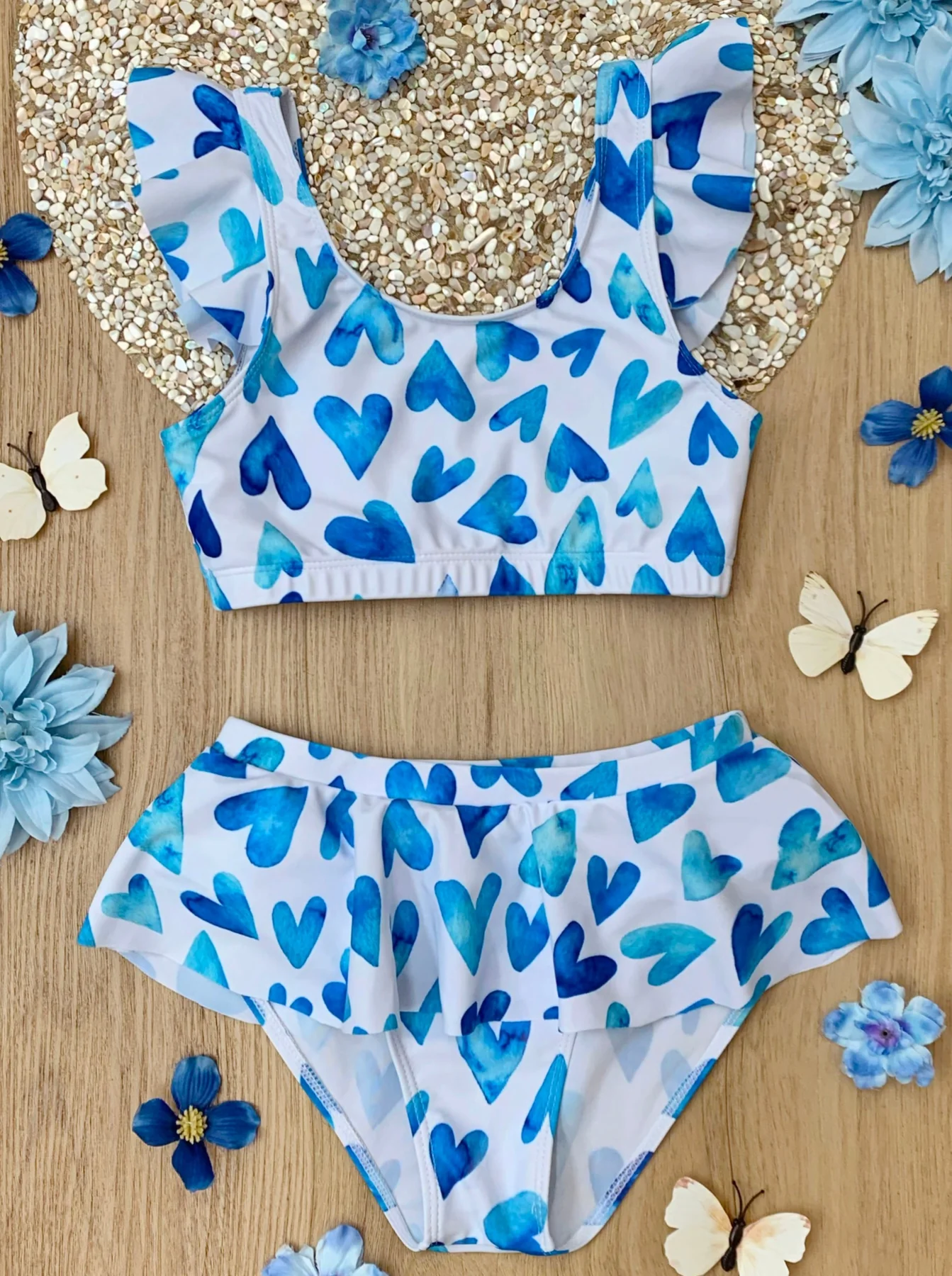 (Custom Design Preorder MOQ 5) Blue Heart Print Girls 2 Pieces Swimsuits