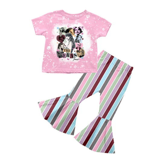 (Custom Design Preorder MOQ 5) Singer Print Pink Top Stripes Bell Pants Girls Clothes Set