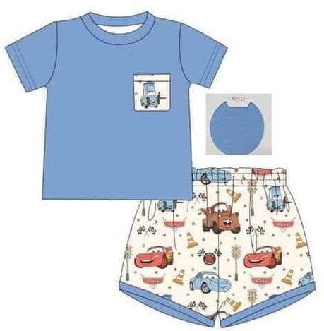(Custom Design Preorder MOQ 5) Blue Pockets Top Cartoon Cars Shorts Boys Summer Clothes Set