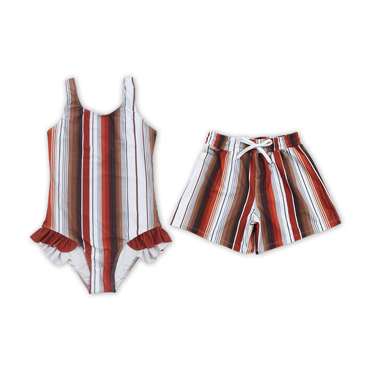 Brown Stripes Print Summer Swimsuits Sibling Clothes