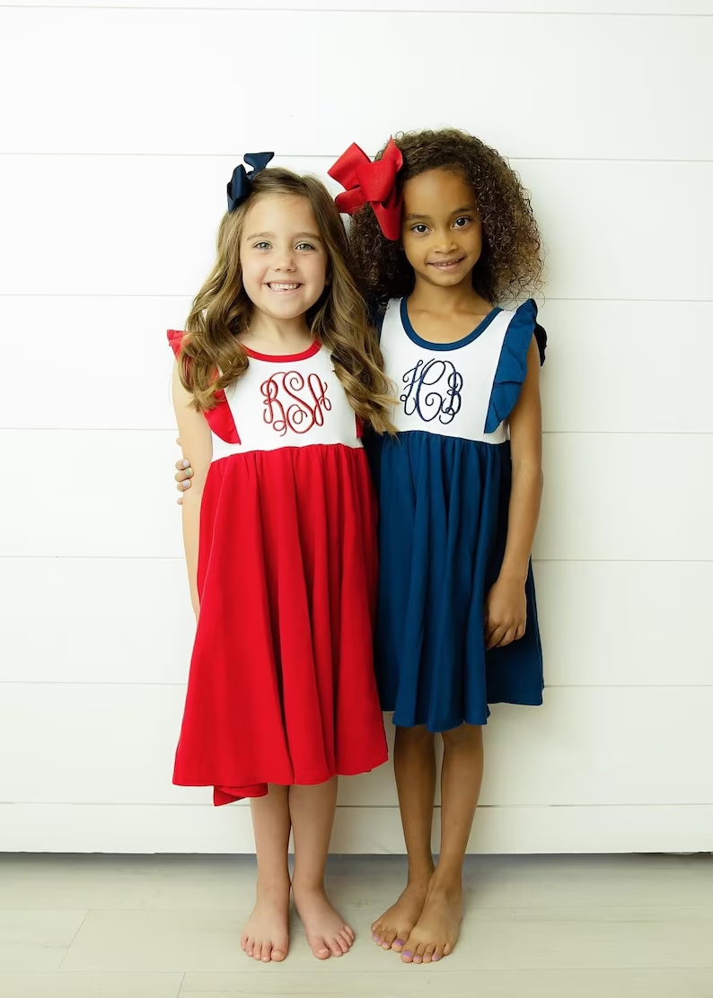 (Custom Design Preorder MOQ 5) Navy Color Girls Knee Length 4th of July DIY Dress