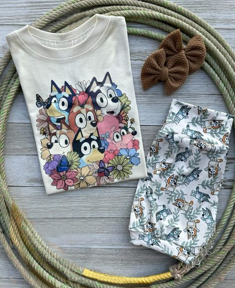 (Custom Design Preorder MOQ 5) Cartoon Dog Flowers Shorts Kids Summer Clothes Sets