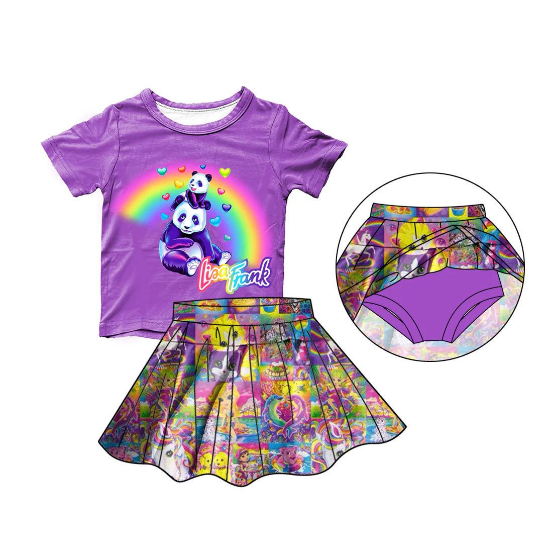 (Custom Design Preorder MOQ 5) Rainbow Panda Print Top Skirts With Shorts Girls Summer Clothes Set