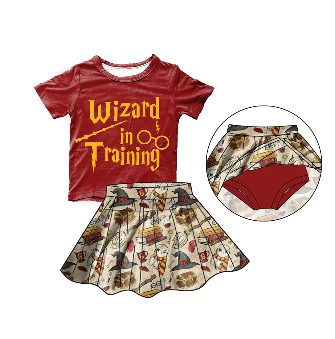 (Custom Design Preorder MOQ 5) Wizard Print Top Skirts With Shorts Girls Summer Clothes Set