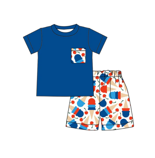 (Custom Design Preorder MOQ 5) Blue Pocket Top Popsicle Shorts Boys 4th of July Clothes Set