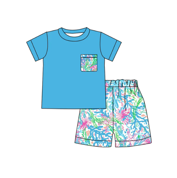 (Custom Design Preorder MOQ 5) Blue Pocket Top Coral Shorts Boys Summer Clothes Set