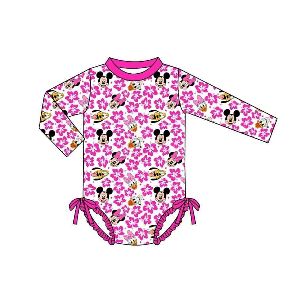 (Custom Design Preorder MOQ 5) Cartoon Mouse Duck Flowers Print Girls 1 Piece Long Sleeve Swimsuits