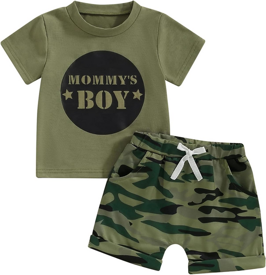 (Custom Design Preorder MOQ 5) MAMA'S BOY Camo Print Boys Summer Clothes Set
