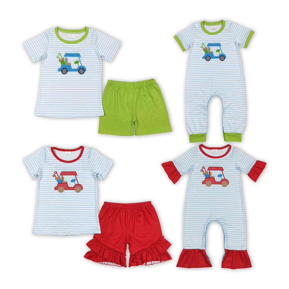 Golf Cart Embroidery Stripes Print Sibling Summer Matching Clothes