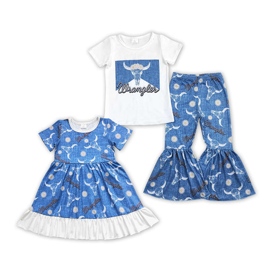 Cow Skull Daisy Blue Print Sisters Matching Western Clothes