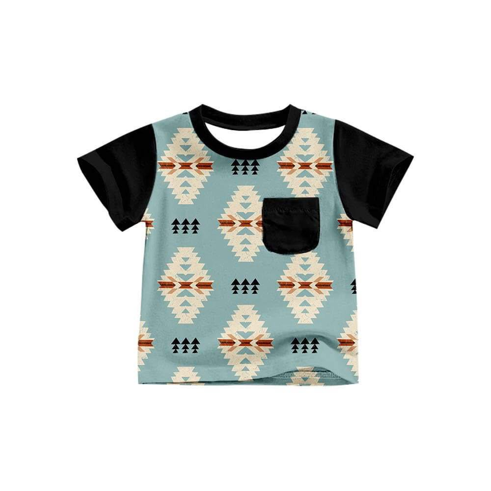 (Custom Design Preorder MOQ 5) Aztec Print Pockets Boys Summer Western Tee Shirts Top