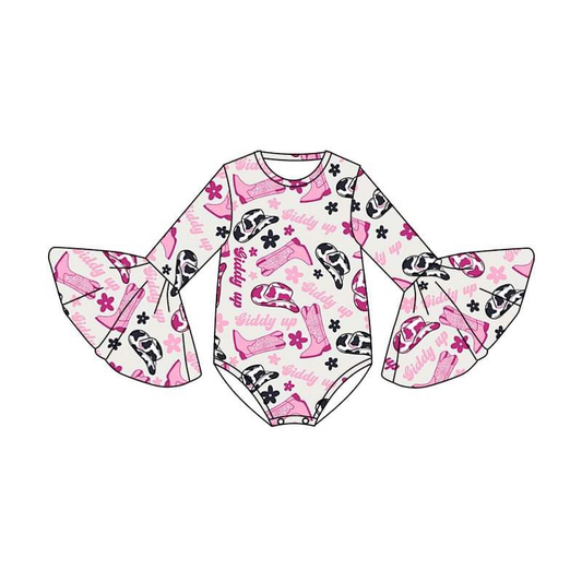 (Custom Design Preorder MOQ 5) Boots Hat Flowers Print Baby Girls Western Romper