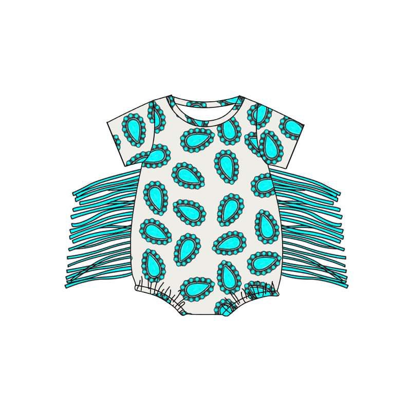 (Custom Design Preorder MOQ 5) Turquoise Print Baby Girls Western Tassel Romper