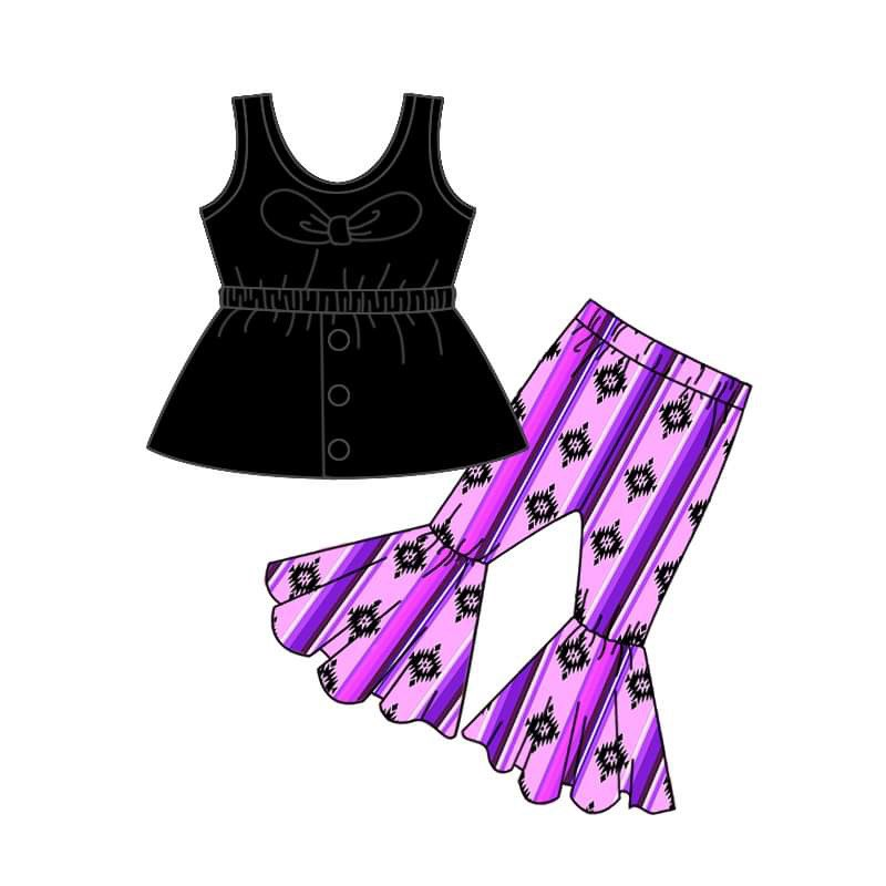 (Custom Design Preorder MOQ 5) Black Top Purple Aztec Bell Pants Girls Western Clothes Set