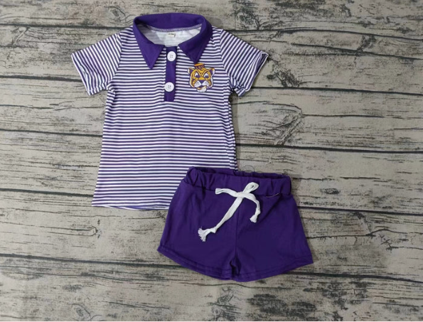 (Custom Design Preorder MOQ 5) Team's Tiger Purple Print Top Shorts Boys Summer Clothes Set