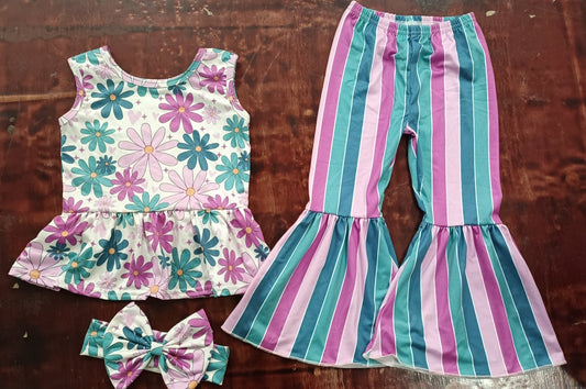 (Custom Design Preorder MOQ 5) Purple Flowers Print Top Stripes Bell Pants Girls Clothes Set
