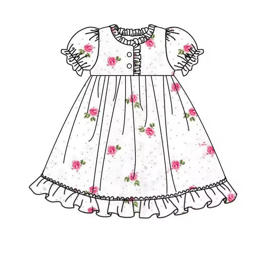 (Custom Design Preorder MOQ 5)  White Flowers Print Girls Summer Knee Length Pajamas Dress