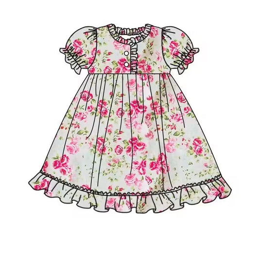 (Custom Design Preorder MOQ 5)  Flowers Print Girls Summer Knee Length Pajamas Dress