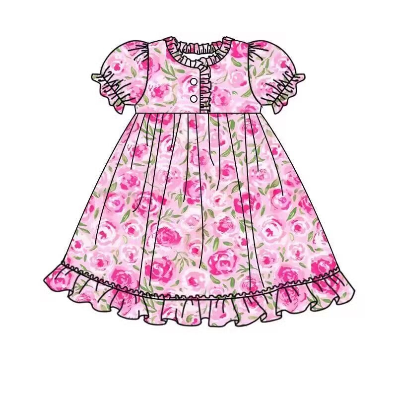 (Custom Design Preorder MOQ 5)  Pink Flowers Print Girls Summer Knee Length Pajamas Dress