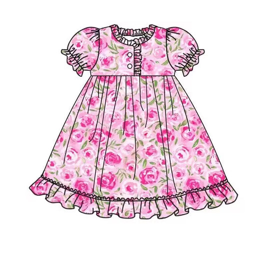 (Custom Design Preorder MOQ 5)  Pink Flowers Print Girls Summer Knee Length Pajamas Dress