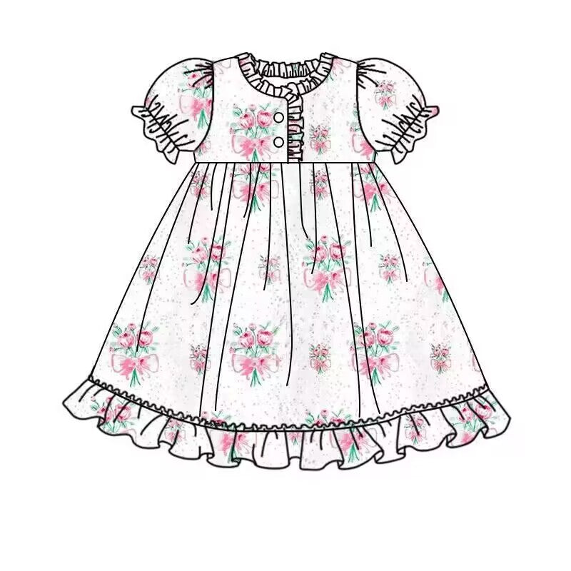 (Custom Design Preorder MOQ 5)  White Flowers Print Girls Summer Knee Length Pajamas Dress