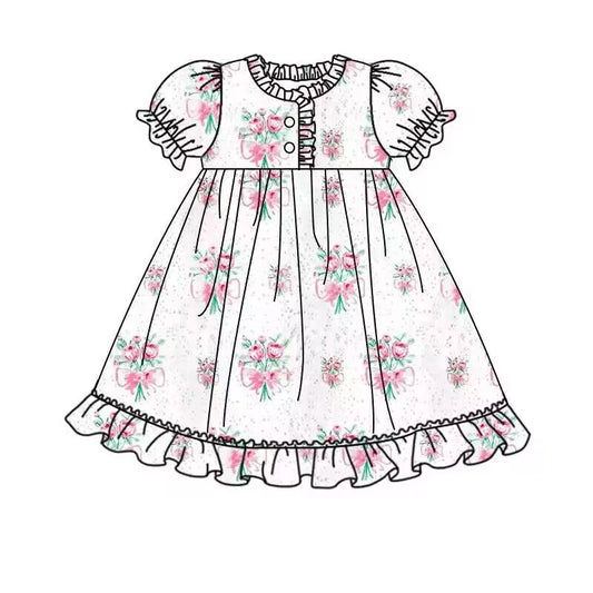 (Custom Design Preorder MOQ 5)  White Flowers Print Girls Summer Knee Length Pajamas Dress