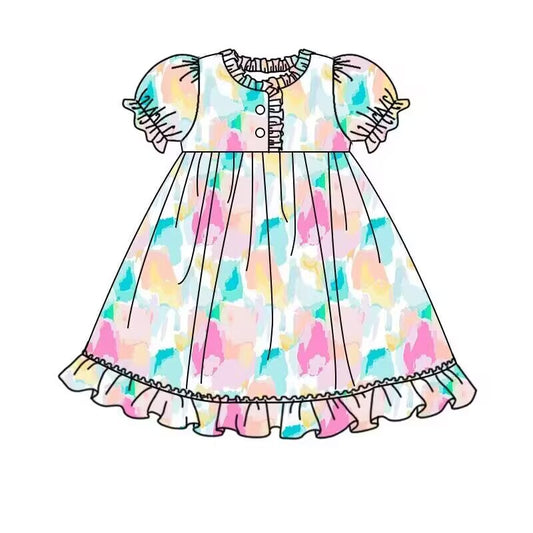 (Custom Design Preorder MOQ 5)  Tie-dye Print Girls Summer Knee Length Pajamas Dress