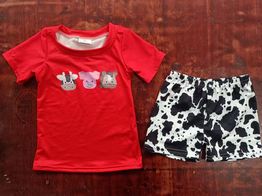(Custom Design Preorder MOQ 5) Animals Red Top Cow Shorts Boys Summer Clothes Set