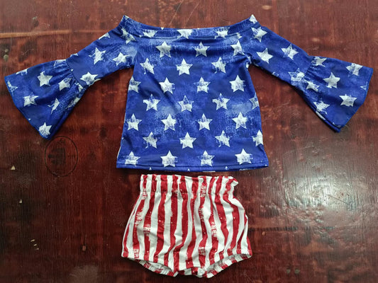 (Custom Design MOQ 5)  Stars Top Baby Girls 4th of July Bummie Sets