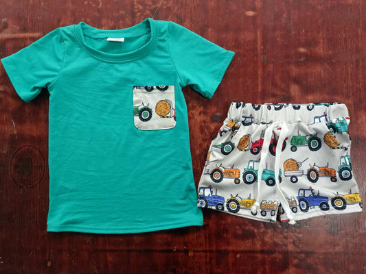 (Custom Design Preorder MOQ 5) Green Pocket Top Tractors Shorts Boys Summer Clothes Set
