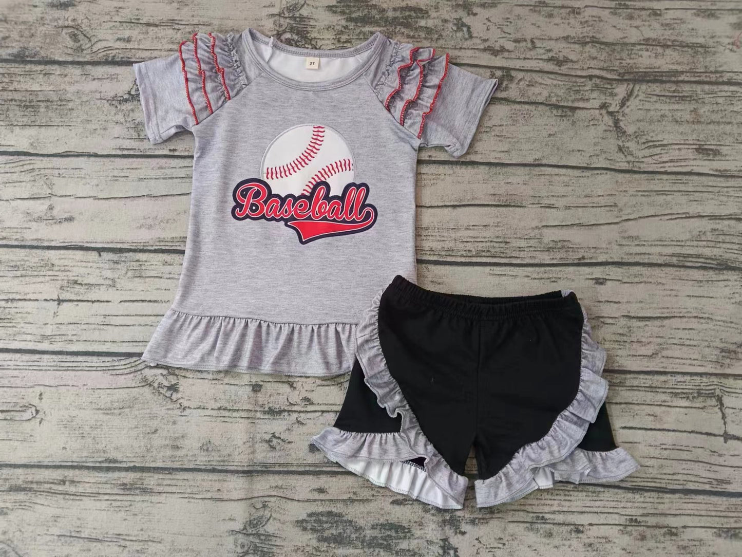 (Custom Design Preorder MOQ 5) Baseball Grey Print Ruffles Girls Summer Clothes Set