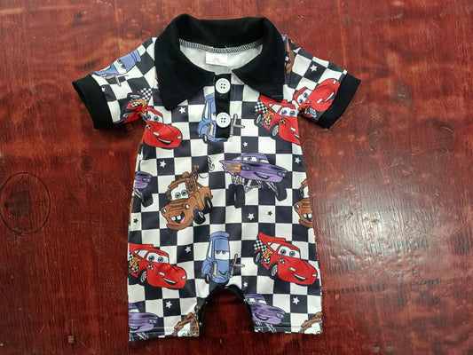 (Custom Design Preorder MOQ 5)  Cartoon Cars Print Baby Boys Summer Romper