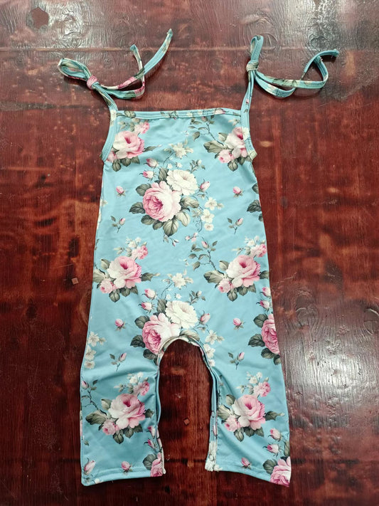 (Custom Design Preorder MOQ 5)  Flowers Print Baby Girls Summer Strap Romper