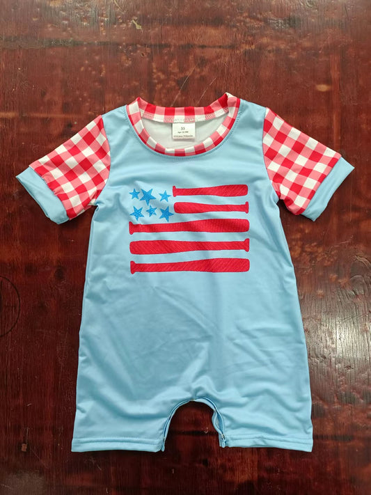 (Custom Design Preorder MOQ 5) Flags Red Plaid Print Baby Boys 4th of July Romper