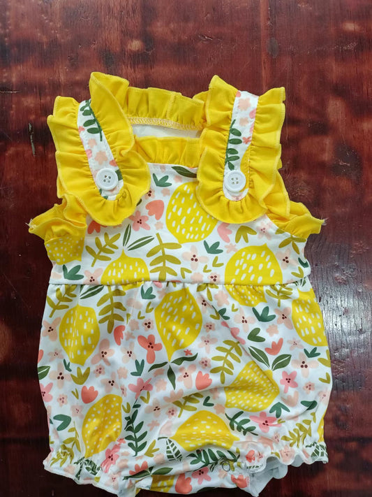 (Custom Design Preorder MOQ 5)  Lemon Print Baby Girls Summer Button Romper
