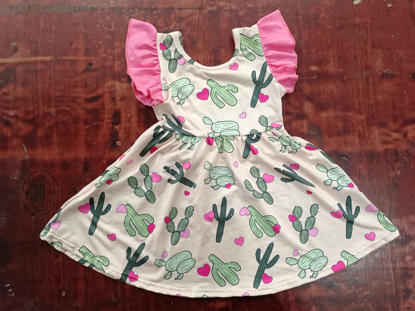 (Custom Design Preorder MOQ 5)  Cactus Print Girls Knee Length Summer Dress