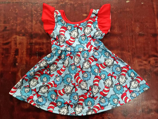 (Custom Design Preorder MOQ 5)  Blue Dr.Reading Cat Print Girls Knee Length Summer Dress