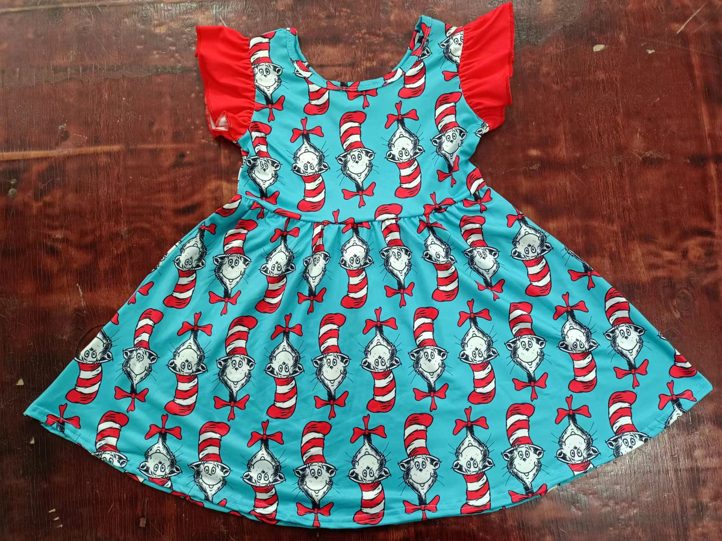 (Custom Design Preorder MOQ 5)  Blue Dr.Reading Cat Print Girls Knee Length Summer Dress